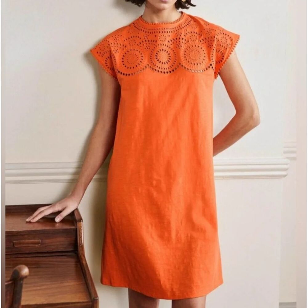 Boden Clementine Cutwork Jersey Shift Dress Orange Cotton Midi Size 8R